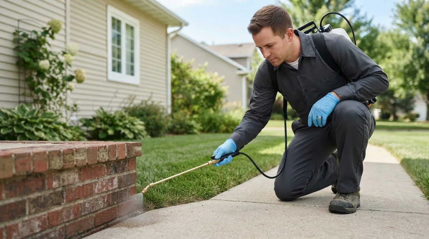Pest control technician treating a home near Montpelier, IA