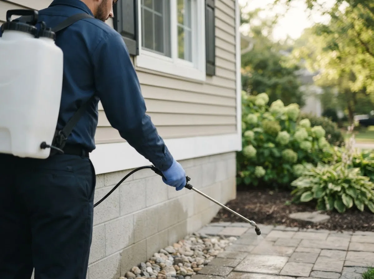 Pest control technician inspecting a home in Montpelier, IA